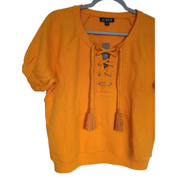 J. Crew University Terry Short Sleeve Lace Up Cotton Shirt Orange Size XS NWT - Picture 3 of 6
